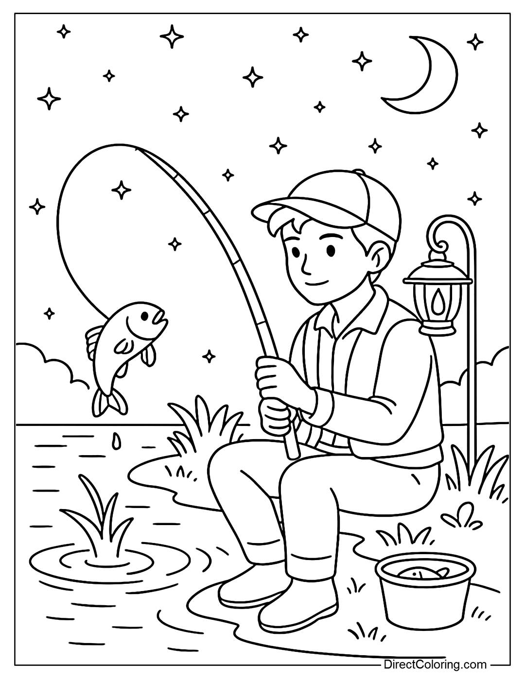A coloring page of people fishing at night, with a bright lantern and jumping fish.